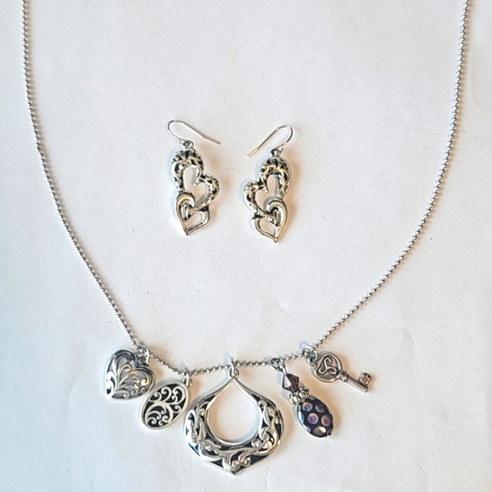 #120 Heart & Charms Necklace and Earrings Set Handcrafted Silver Toned Metal